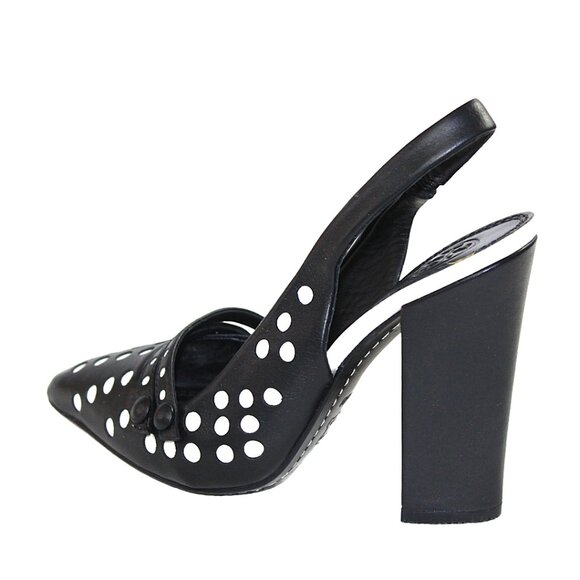 Tory Burch Kay Black Ivory Polka Dot Leather Sling Back Heels, Size 6.5 - Picture 2 of 9